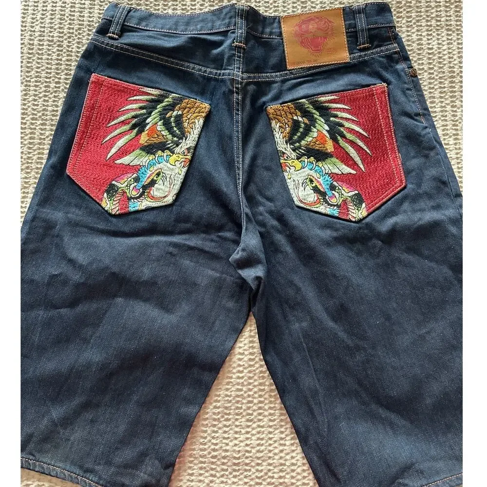 VINTAGE ED HARDY Y2K Baggy Denim Shorts - Christian Audigier Eagle‎ Snake - 36